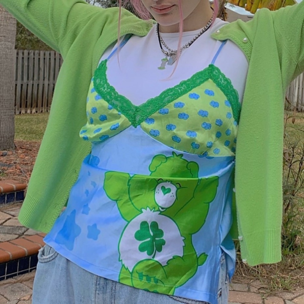 Care Bears Good Luck Bear Satin Lace Trim Camisole Top Blue‎ Green Y2K Sleepwear